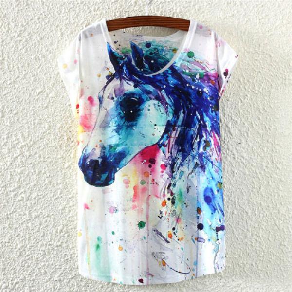 T-shirt Femme Aquarelle Print Fashion Multicolore imprime Cheval